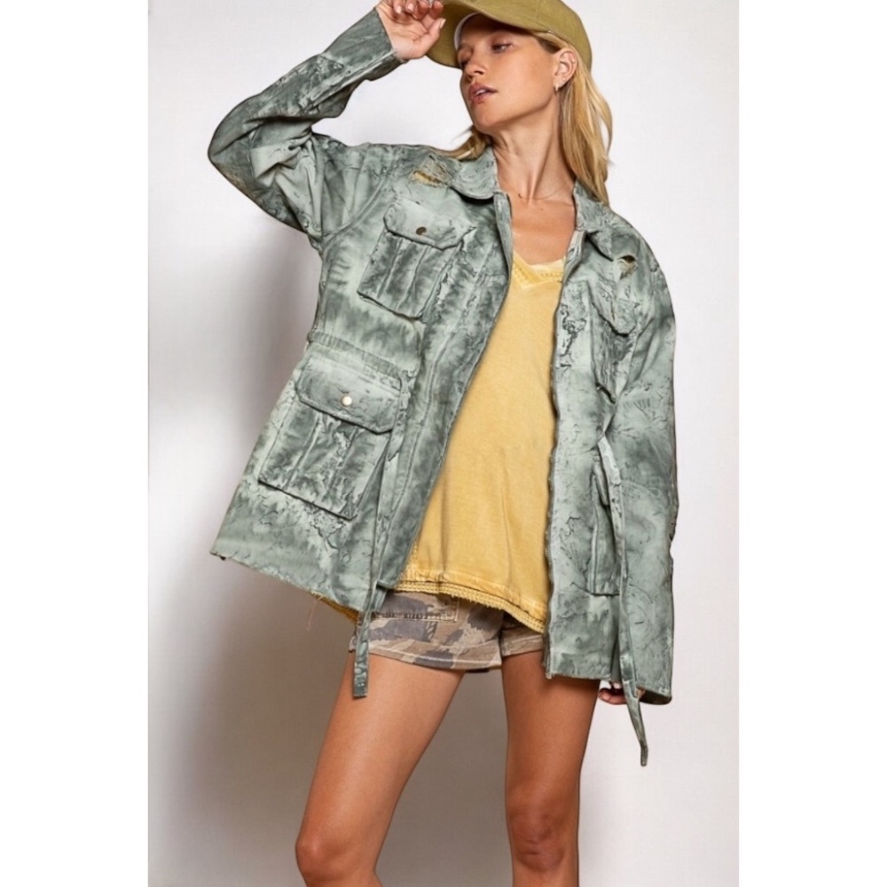 POL Marbled Sage Tie Waist Denim Cargo Jacket - Picture 5 of 6